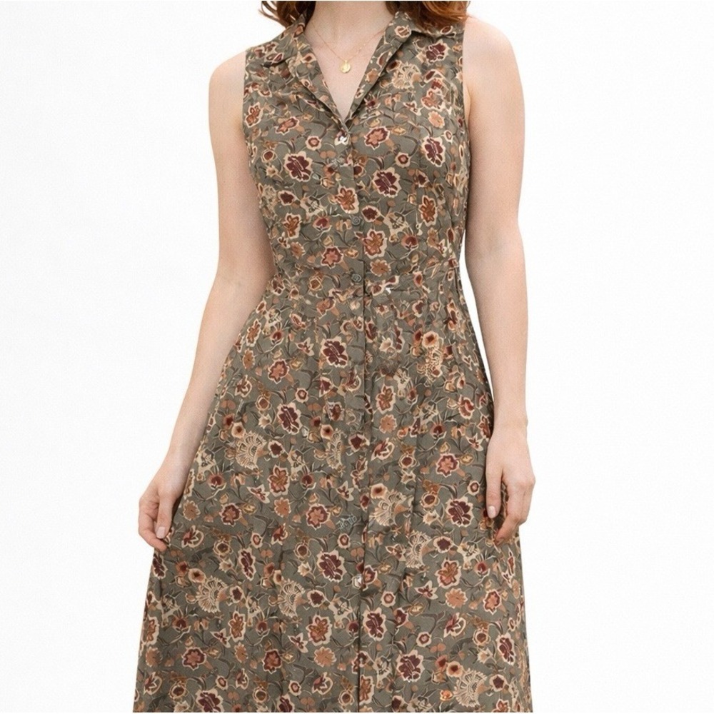 VTG All That Jazz Floral Rayon Midi Dress Sz M Green Monica Button Tie 90s Boho